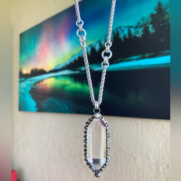 Natural Crystal quartz black electroplated boho goth stainless steel necklace - Picture 5 of 14